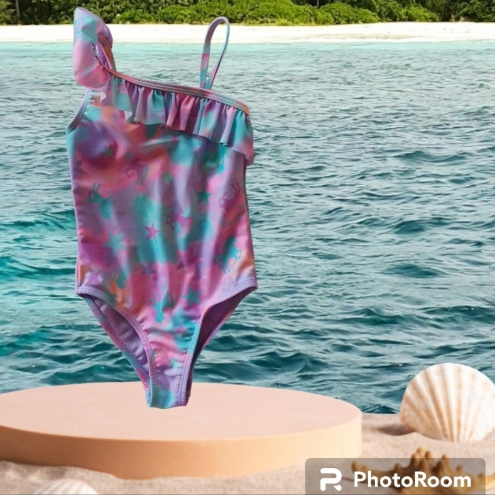 Angel Beach Girls One-Piece Swimsuit with Ruffled Shoulder, EUC